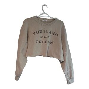 Garage Portland Oregon Graphic Crop Sweatshirt Raw Hem Beige Fleece